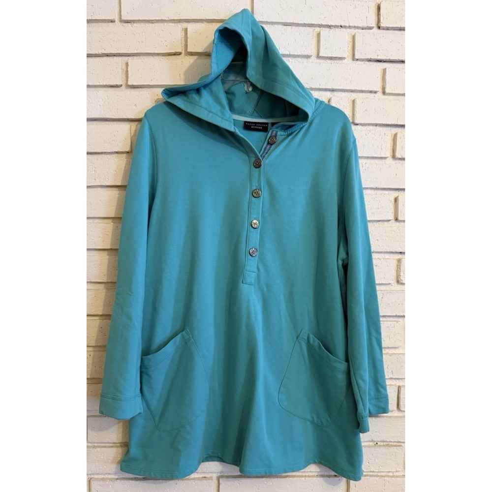 Susan Graver Green Weekend French Terry Henley Roll Tab Pocket Top Size XL